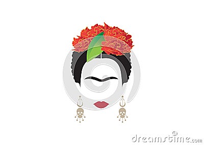 Frida Kahlo minimalist portrait with earrings, roses and skulls Vector Illustration