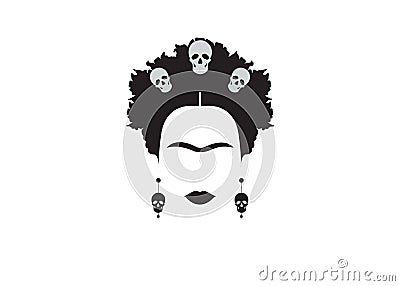 Frida Kahlo minimalist portrait with earrings skulls and flowers Vector Illustration