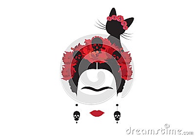 Frida Kahlo minimalist portrait with earrings skulls and flowers, whit black cat Vector Illustration