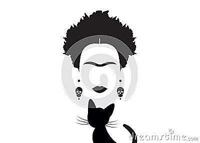 Frida Kahlo minimalist portrait with skulls earrings and black cat , flowers and skulls Vector Illustration