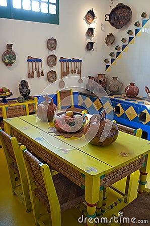 Interior decoration of the kitchen inside Frida Kahlo Museum or Casa Azul in Coyoacï¿½n neighbourhood, Mexico City Editorial Stock Photo