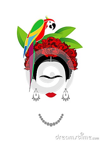 Frida Kahlo and parrot , portrait of Mexican or Spanish woman with crown of colorful flower Vector Illustration