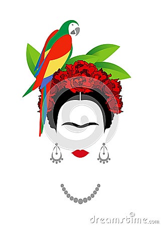 Frida Kahlo and parrot, vector portrait isolated Vector Illustration