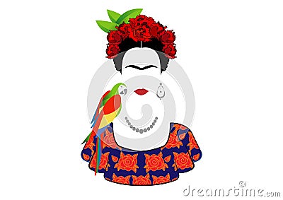 Frida Kahlo and parrot, vector portrait isolated Vector Illustration