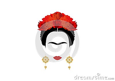 Frida Kahlo, portrait of Mexican or Spanish woman with crown of red flower Vector Illustration