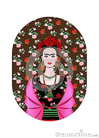 Frida Kahlo portrait, Mexican woman with a traditional hairstyle. Mexican crafts jewelry and red flowers. Vector Vector Illustration