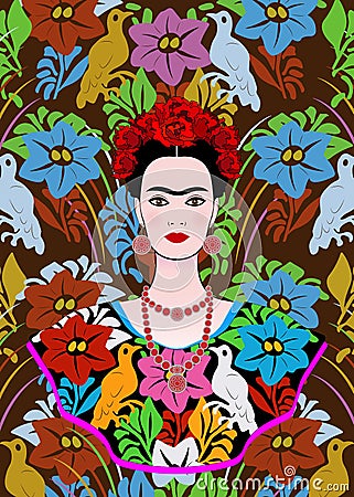 Frida Kahlo portrait , young beautiful mexican woman with a traditional hairstyle, Mexican crafts jewelry and dress Vector Illustration