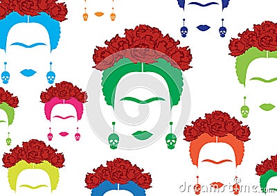 Frida Kahlo vector portrait, background multicolor Mexican or Spanish woman with earrings skulls Vector Illustration