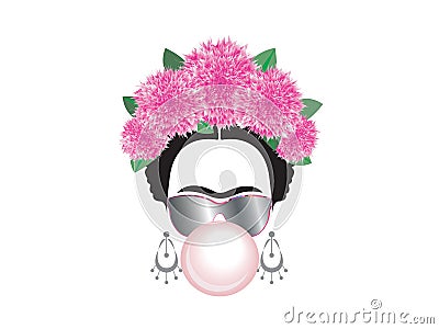 Frida Kahlo vector portrait with gum bubble and sun glasses, isolated Vector Illustration