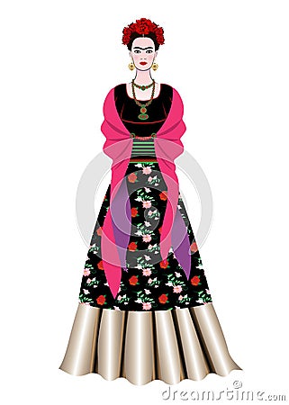 Frida Kahlo vector portrait, mexican woman with a traditional hairstyle. Mexican crafts jewelry and red flowers. Vector isolated Vector Illustration