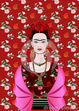 Frida Kahlo vector portrait, mexican woman with a traditional hairstyle. Mexican crafts jewelry and red flowers. Vector Vector Illustration