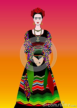 Frida Kahlo vector portrait, mexican woman with a traditional hairstyle. Mexican crafts jewelry and red flowers. Vector Vector Illustration