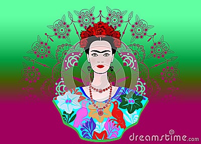 Frida Kahlo vector portrait , young beautiful mexican woman with a traditional hairstyle, Mexican crafts jewelry and dress Vector Illustration