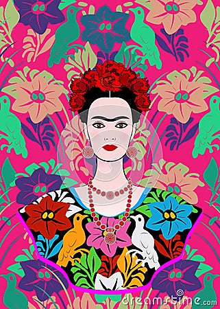 Frida Kahlo vector portrait , young beautiful mexican woman with a traditional hairstyle, Mexican crafts jewelry and dress Vector Illustration