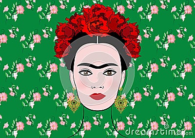 Frida Kahlo vector portrait , young beautiful mexican woman with a traditional hairstyle, isolated or floral background Vector Illustration