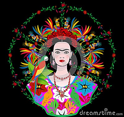 Frida Kahlo vector portrait , young beautiful mexican woman with a traditional hairstyle, Mexican crafts jewelry and dress Vector Illustration