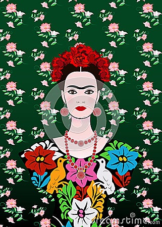 Frida Kahlo vector portrait , young beautiful mexican woman with a traditional hairstyle, Mexican crafts jewelry and dress Vector Illustration