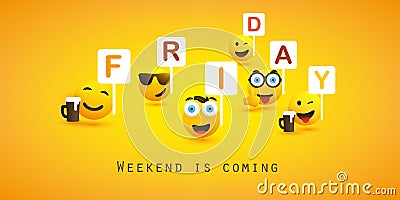 Friday! - Modern Style Weekend`s Coming Concept Design, Web Banner With Various Winking and Smiling Emoticons Holding The Letters Vector Illustration
