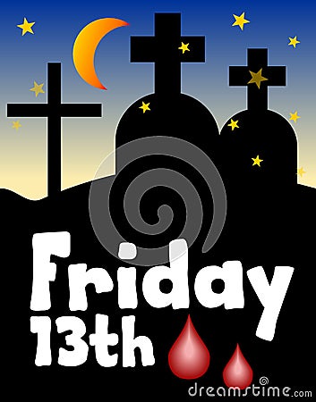 Friday 13th, 13 Friday, unlucky day, night cemetery silhouette. Moon over cemetery. Unlucky number thirteen. Unlucky day Friday. Vector Illustration