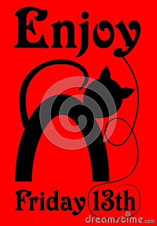 Friday 13th, red banner with black cat silhouette cartoon. Vector Illustration