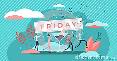 Friday vector illustration. Flat tiny last work week day persons concept. Vector Illustration