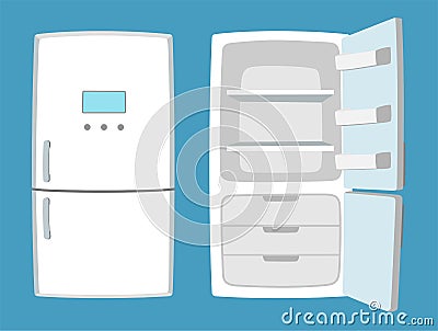 Fridge in cartoon style. Open and closed refrigerator. Vector Illustration