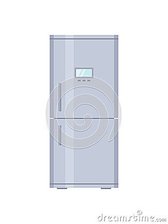 Fridge. Closed refrigerator with freezer. Empty fridge with door and shelf for kitchen. Inside modern machine for storage, cold of Vector Illustration