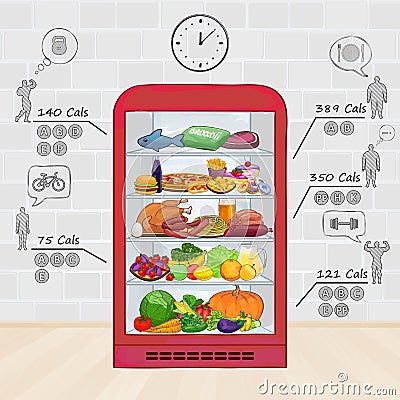 Fridge with food. The set of products, vitamins, calories. Vector Illustration