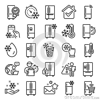 Fridge line icons. Refrigerator, freezer storage, smart fridge machine. Water with ice, cooler box, thermometer. Vector Vector Illustration