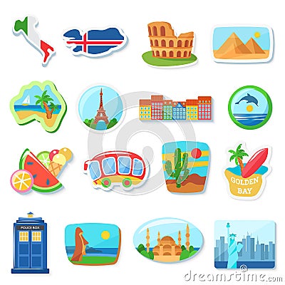 Fridge magnets flat vector illustration. Abroad, foreign countries traveling souvenirs. Famous European landmarks and Vector Illustration