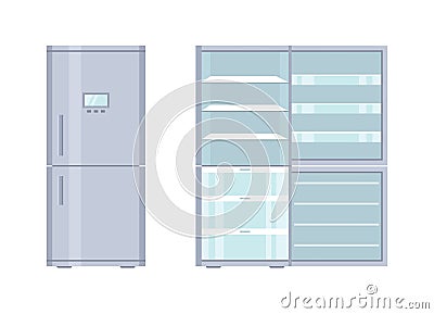 Fridge. Open and closed refrigerator with freezer. Empty fridge with door and shelf for kitchen. Inside modern machine for storage Vector Illustration