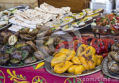 Frie boiled vegetables on a table under an open sky Stock Photo