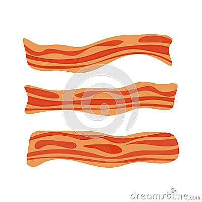 Fried bacon stripe. Pork meat. Healthy tasty breakfast. Vector illustration set in flat style. Vector Illustration