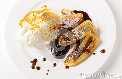Fried banana toffee and ice cream from above Stock Photo