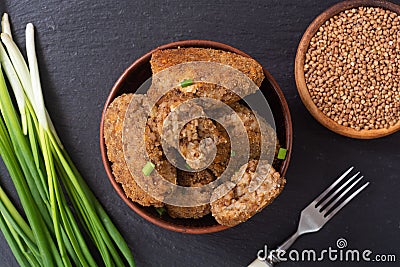 Fried buckwheat cutlets Stock Photo