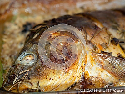 Fried carp with spices. Freshly fried fish. Stock Photo