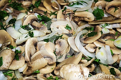 Fried champignons, mushrooms, close-up background Stock Photo