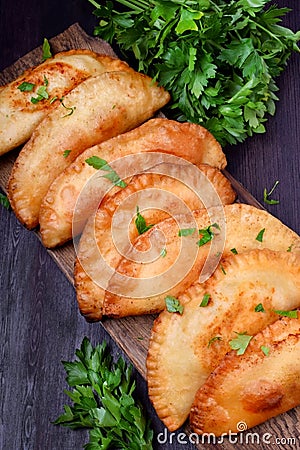 Fried chebureks with meat Stock Photo