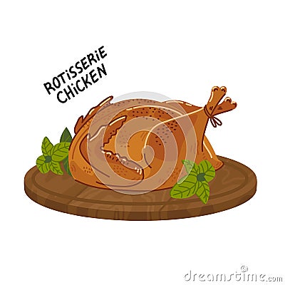 Fried chicken. Cooked whole chicken on a round wooden cutting board. Simple flat style vector illustration on white Vector Illustration