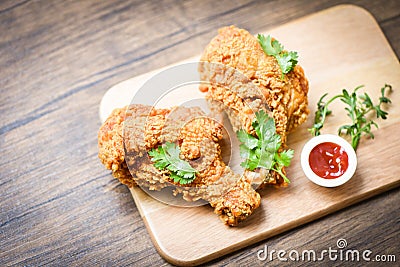 Fried chicken crispy plate wooden board with ketchup on dining table food Stock Photo