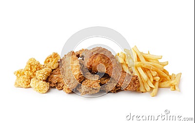 Fried chicken with frech fries, breaded drumsticks and nuggets isolated Stock Photo