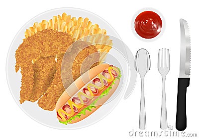 Fried chicken french fries and hot dog sausage on a dish Vector Illustration