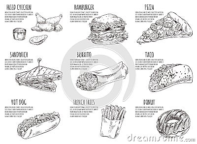 Fried Chicken Hamburger Set Vector Illustration Vector Illustration