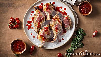 Fried chicken legs ketchup in a plate roasted meat dinner roast lunch food Stock Photo