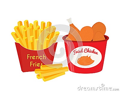 Fried chicken, legs, wings, french fries. Cartoon flat style. Vector Vector Illustration