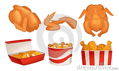 Fried Chicken Meat with Wings and Legs Poured in Baskets Vector Set Vector Illustration