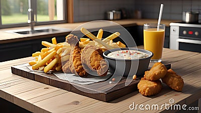 Fried chicken, potatoes and souce fast food. Stock Photo