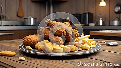 Fried chicken, potatoes and souce fast food. Stock Photo