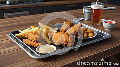 Fried chicken, potatoes and souce fast food. Stock Photo