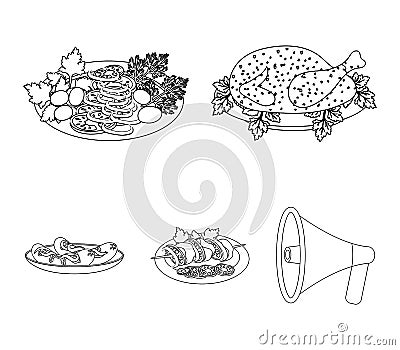 Fried chicken, vegetable salad, shish kebab with vegetables, fried sausages on a plate. Food and Cooking set collection Vector Illustration